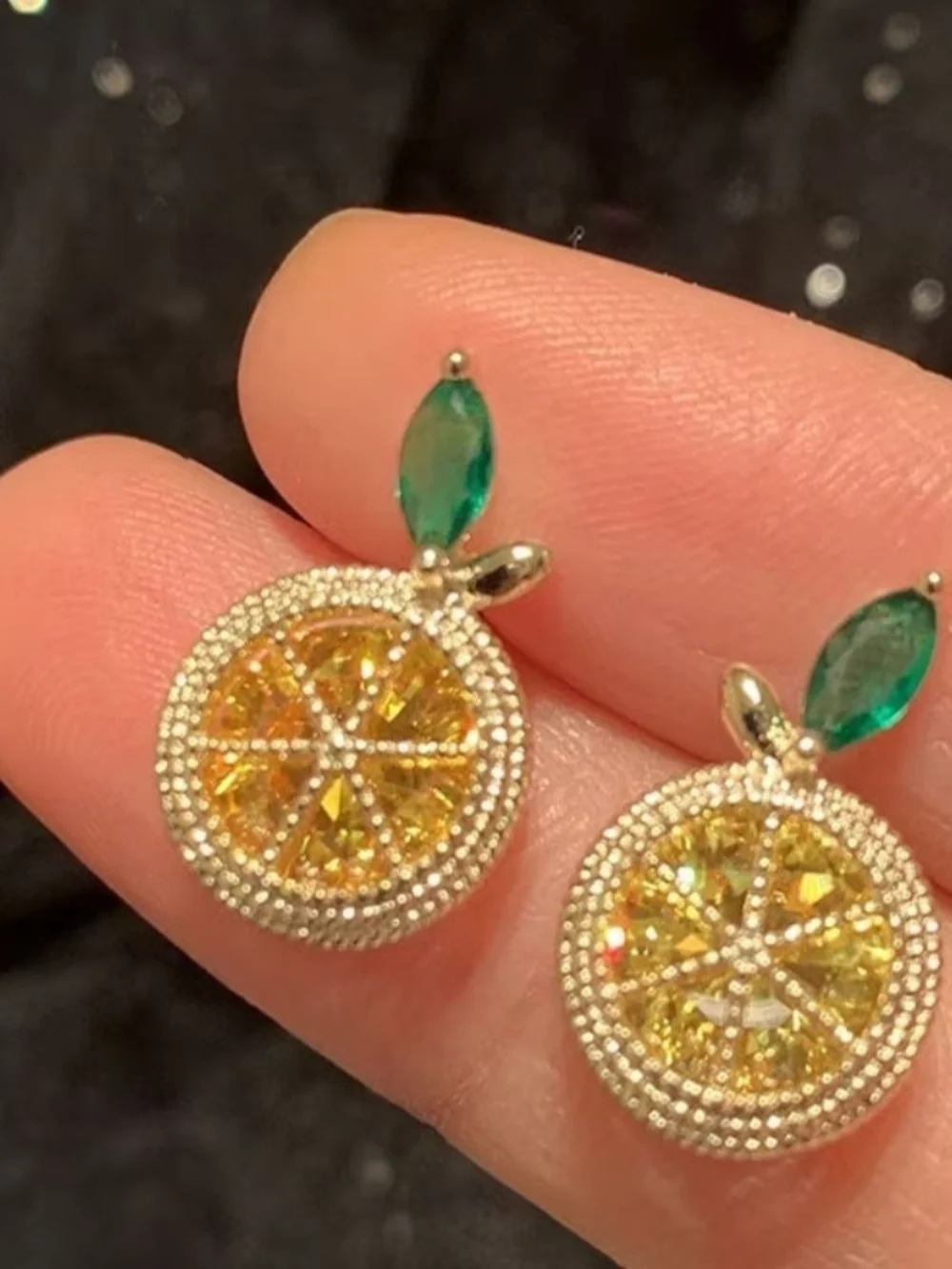Gold-tone Lemon Citrus Slice Stud Earrings with Green Crystal Leaves